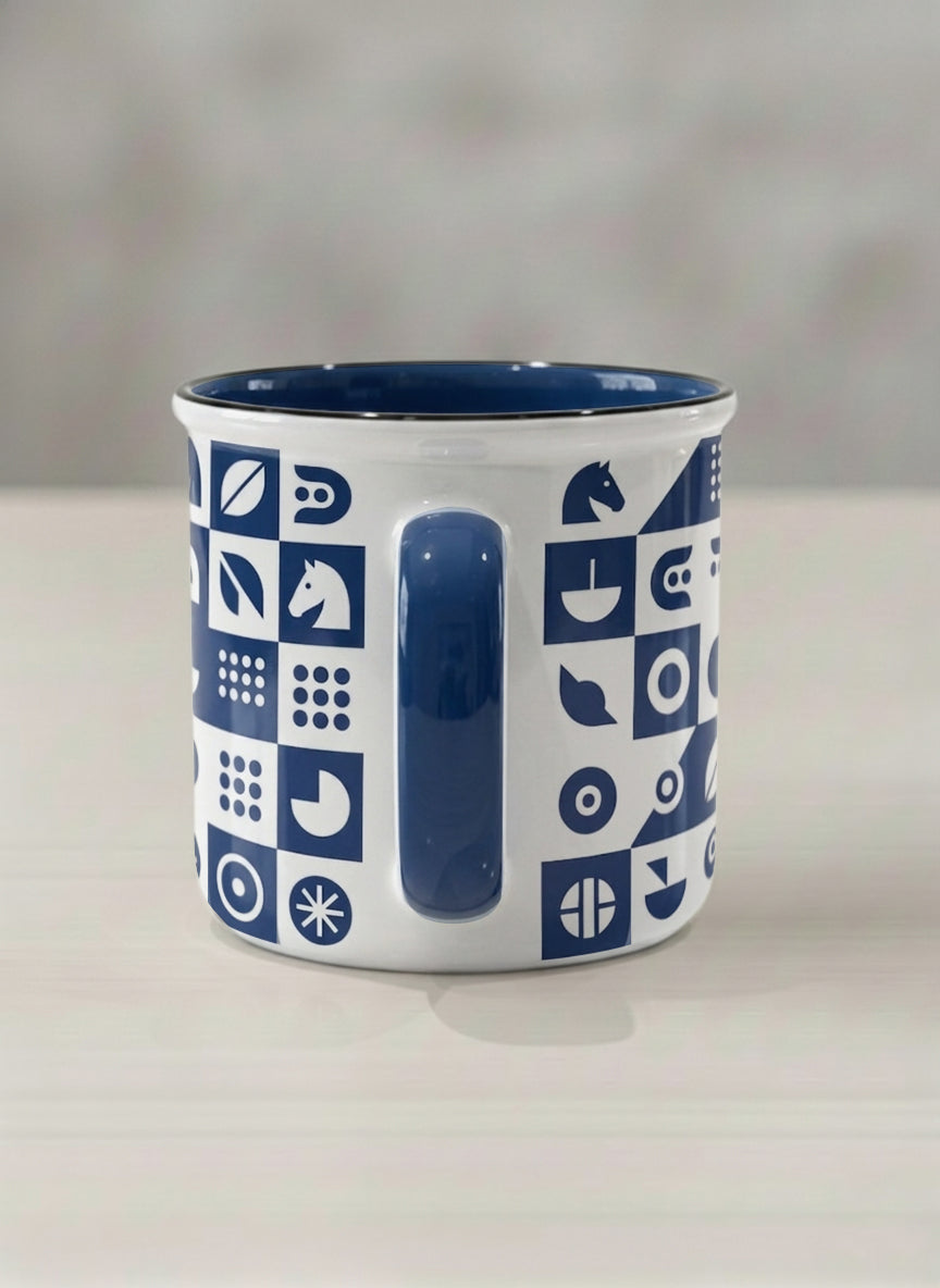 Enamel Mug | Multiversal Sigils side view mug, navy and white checkerboard pattern with icons, blue interior and handle, by Alan CL Lee - Gallery By Inhesion