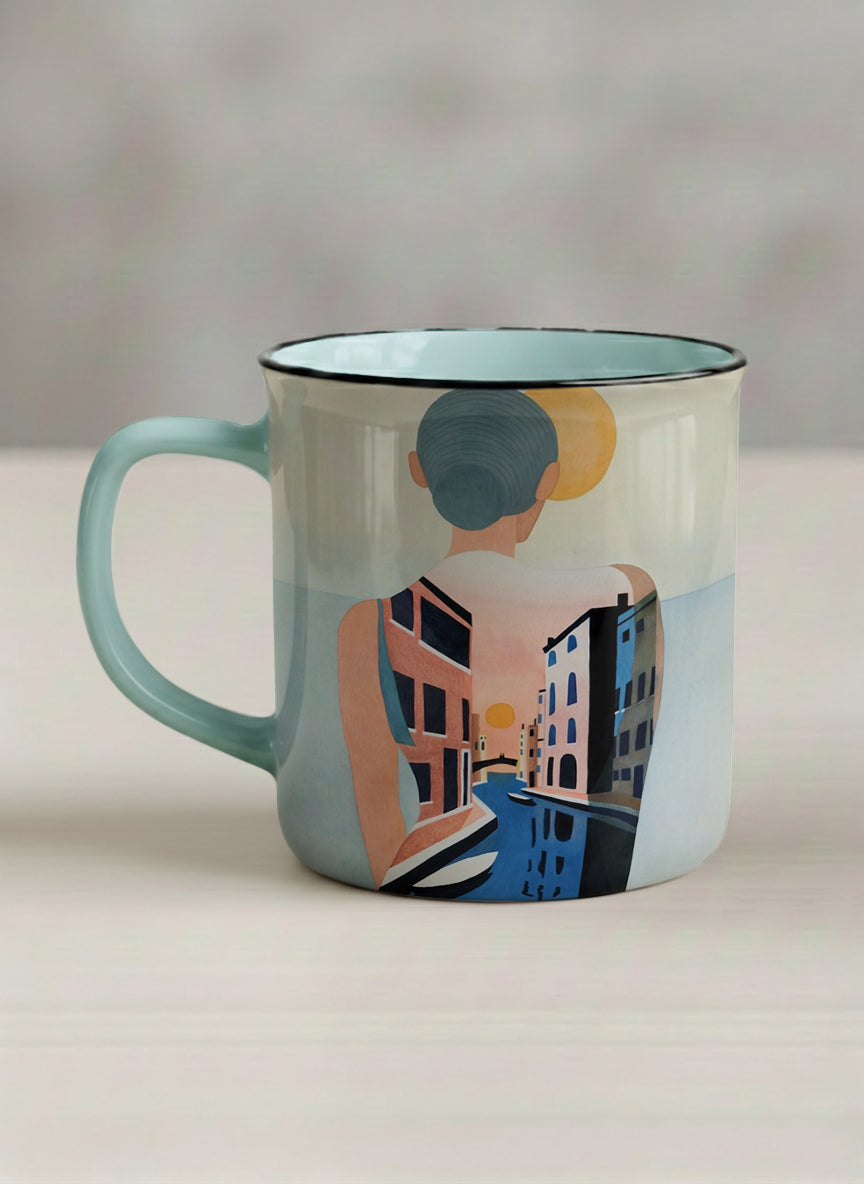 enamel mug | Memory on the Bridge left view mug a solitary figure gazing over a sunlit Venetian canal lined with terracotta buildings, soft powder blue interior and handle, by KikaG - Gallery By Inhesion