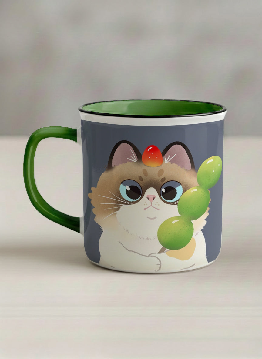 Enamel Mug | My Shiny Treat left view mug grumpy fluffy cat clutching green grapes, tiny red mushroom hat, slate blue background, green interior, by Hyun Jung Cho