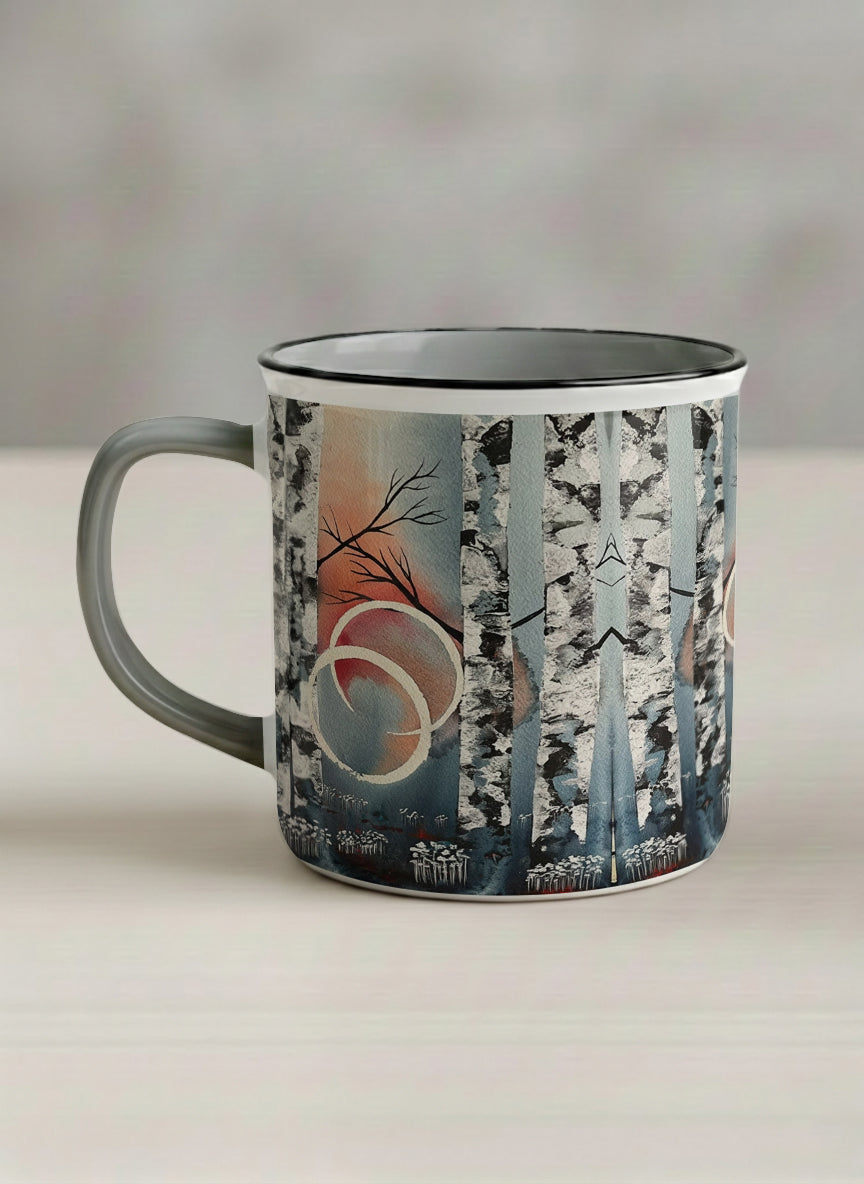Enamel Mug | Rings of Light left view mug with sun and tree, and soft pastel colors design by Renee Pupetz - Gallery By Inhesion