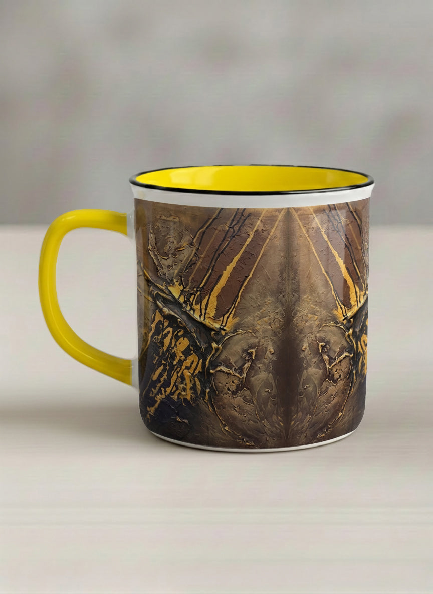Enamel Mug | Unfolding Luminance left view mug showing abstract marbled pattern in brown, black, and gold tones by Mersedes Mein - Gallery By Inhesion