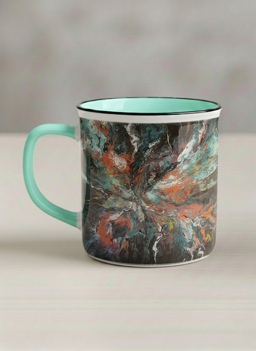 Enamel Mug | Winged Light left view mug showing a fluid art painting with swirling, multicolored design by Renee Pupetz - Gallery By Inhesion