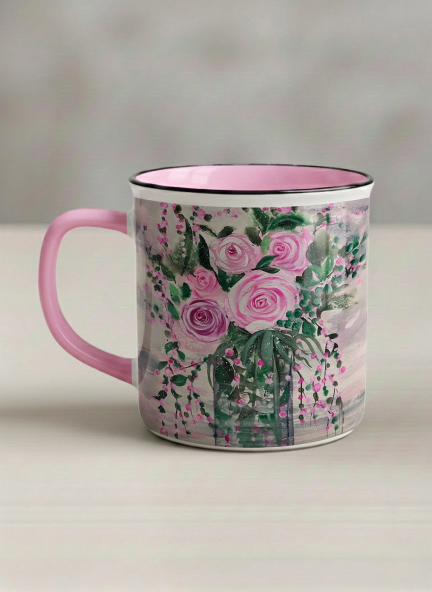 Enamel Mug | Pink Roses in a Jar left view mug showing painted pink roses and greenery on a light background design by Renee Pupetz - Gallery By Inhesion
