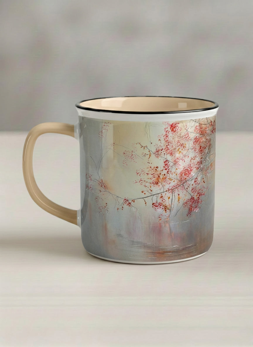 enamel mug | Quiet Waters left view mug, delicate red blossoms and fine branches drifting across a soft celadon mist, warm cream interior and handle, by Karina Mosser - Gallery By Inhesion