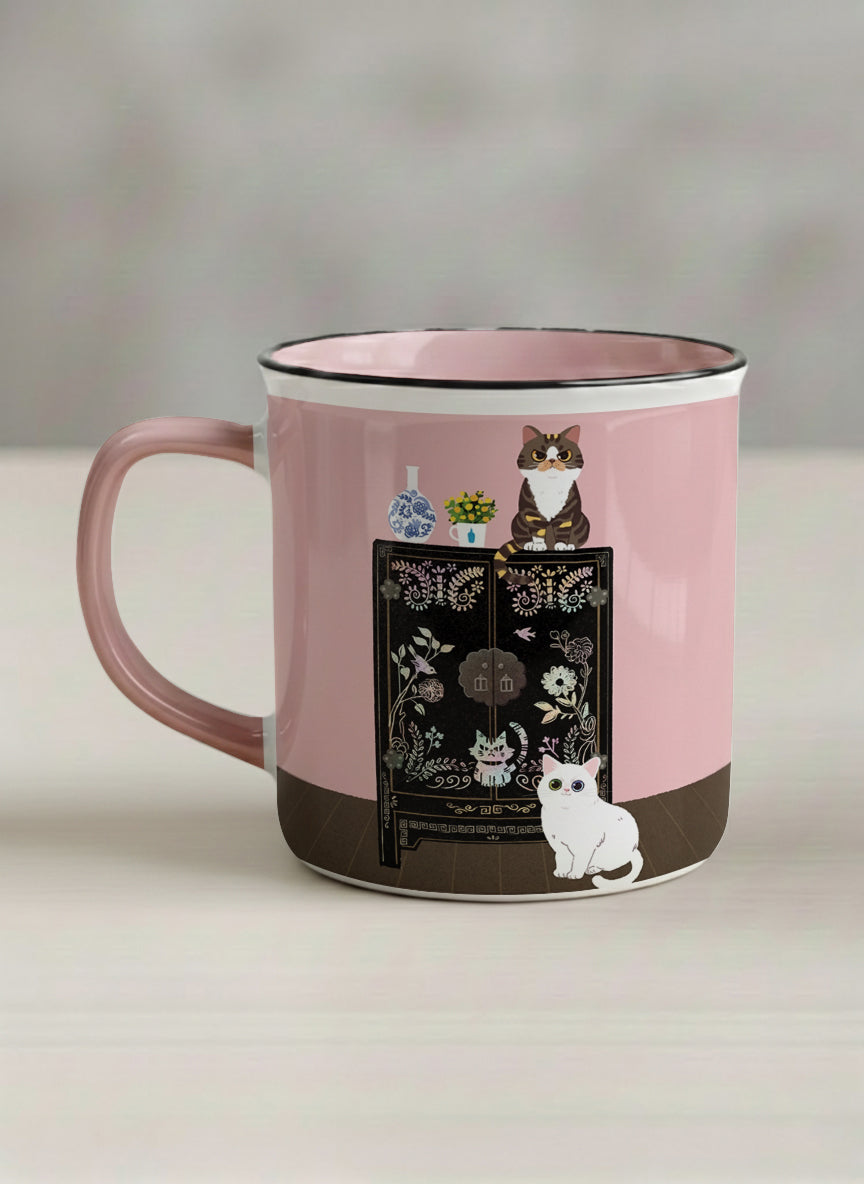 Enamel Mug | Korean Beauty & Felines left view mug cats by ornate black lacquer cabinet with floral carvings, blush pink interior, by Hyun Jung Cho