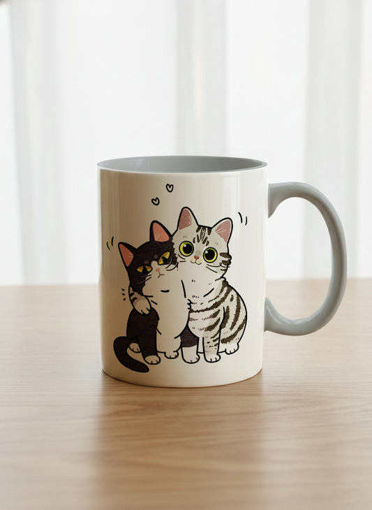 classic mug | Best Buddies mug small tuxedo cat leaning into a chubby tabby with tiny floating hearts, sage interior, by Hyun Jung Cho