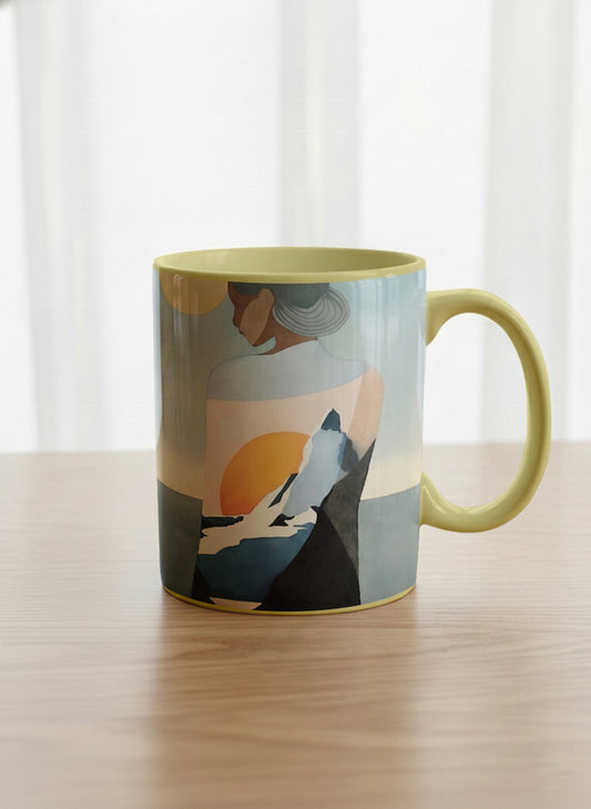 Classic mug | A Mountain to Climb mug woman gazing over jagged peaks and a golden sun on teal horizon, butter yellow interior, by KikaG - Gallery By Inhesion