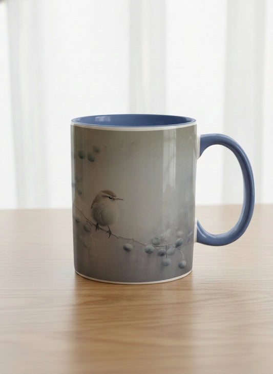 Classic mug | A Quiet Moment mug, solitary bird perched in a soft misty landscape with delicate dot details, dusty blue interior and handle, by Karina Mosser - Gallery By Inhesion