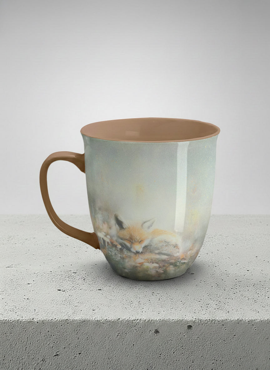 ronny mug | Lullaby left view mug, sleeping fox curled in a soft misty meadow, warm terracotta interior and handle, by Karina Mosser - Gallery By Inhesion