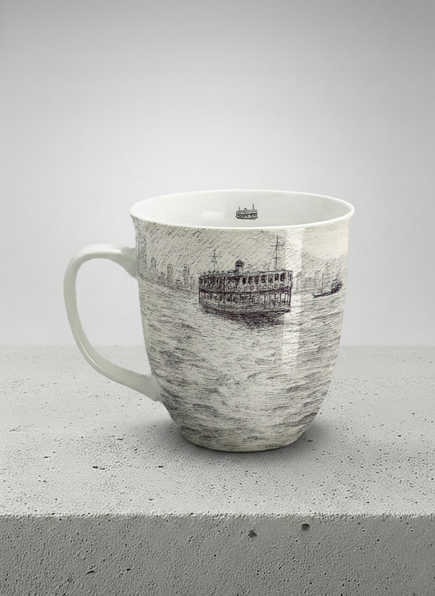 Ronny Mug | Shimmering Passage left view mug showing a pen drawing Star Ferry in Hong Kong by Samuel Kwok - Gallery By Inhesion