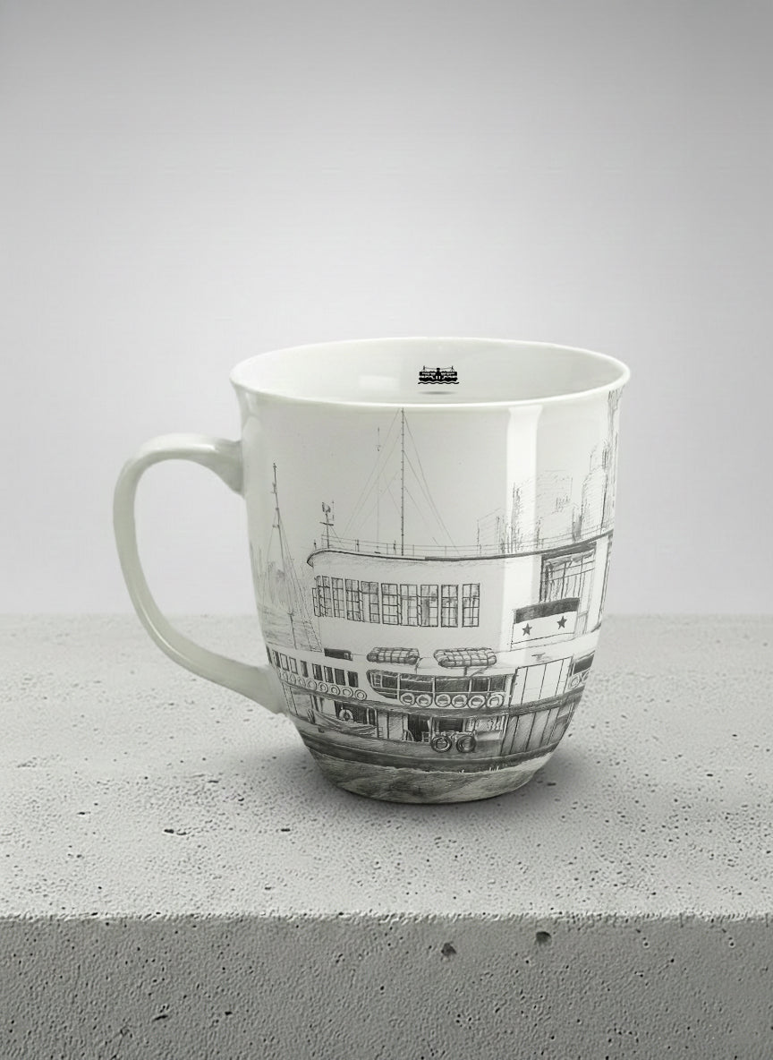 Ronny Mug | The Star of the Harbor left view mug showing a sketch of Star Ferry Pier in Hong Kong by Samuel Kwok - Gallery By Inhesion