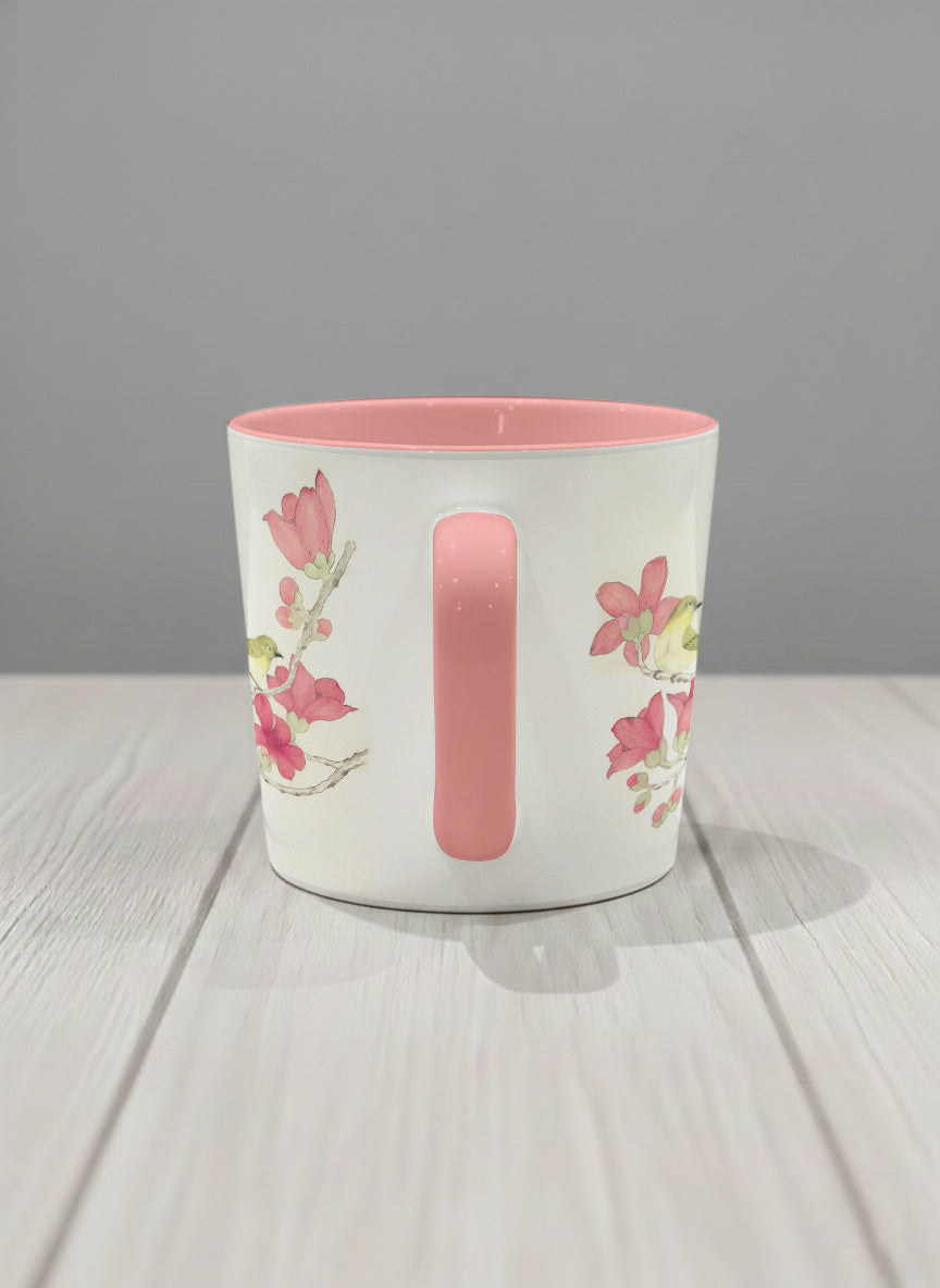 Conical Mug | Forever Love side view mug with watercolor birds on branch with pink flowers by Alice Wong - Gallery By Inhesion