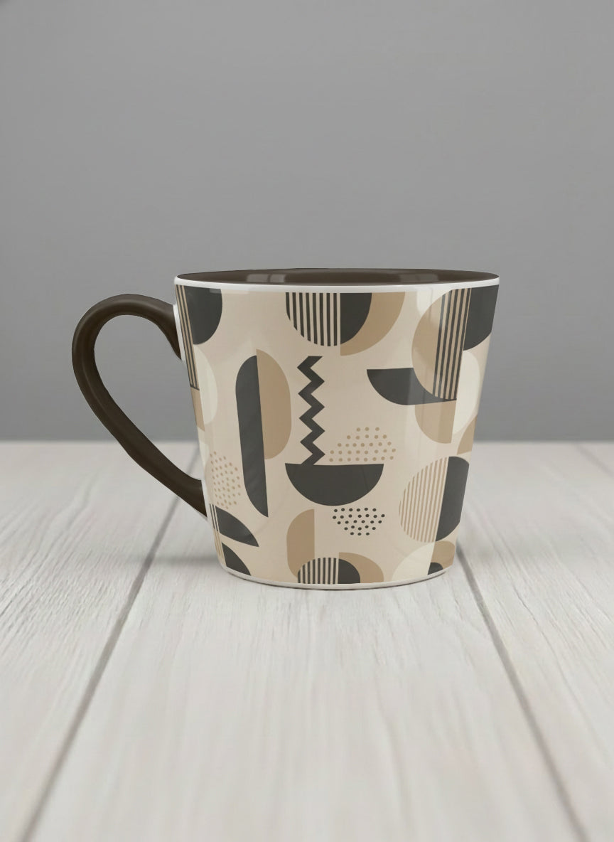 Conical Mug | Parallel Dune Echo left view mug, beige and charcoal geometric shapes with dots and stripes, dark interior and handle, by Alan CL Lee - Gallery By Inhesion