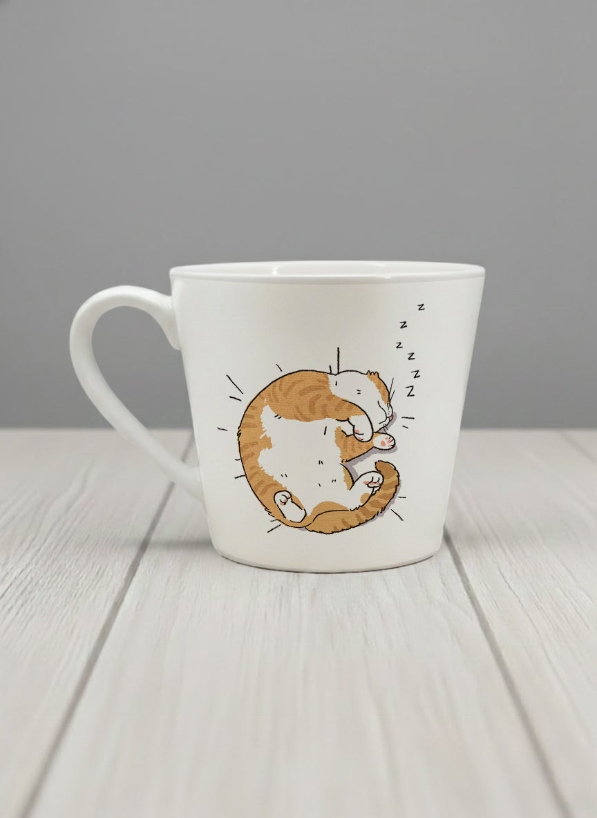 conical Mug | Sweet Dreams left view mug, a ginger tabby cat curled into a perfect circle fast asleep with tiny zzz's floating above, clean white interior and handle, by Hyun Jung Cho - Gallery By Inhesion