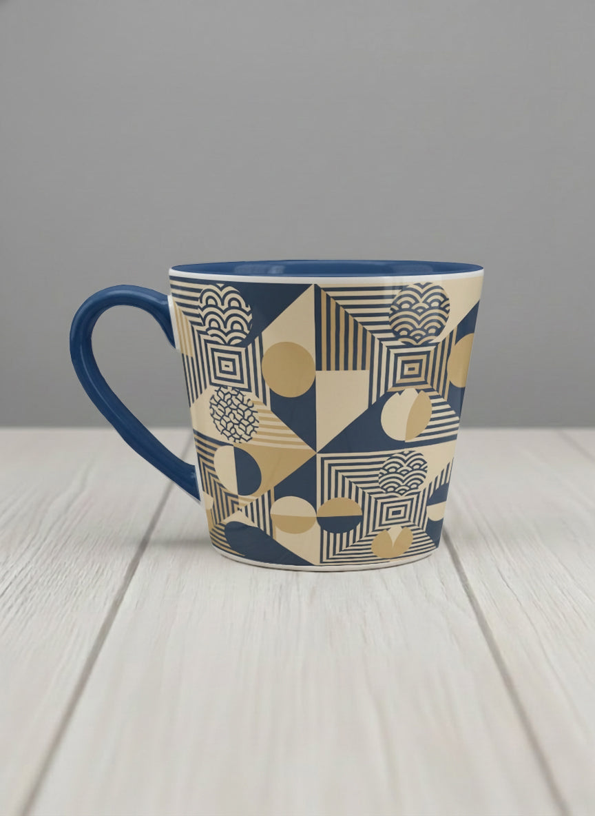 Conical Mug | Fractured Horizon Drift left view mug, navy and gold geometric pattern, dark interior and handle, by Alan CL Lee - Gallery By Inhesion