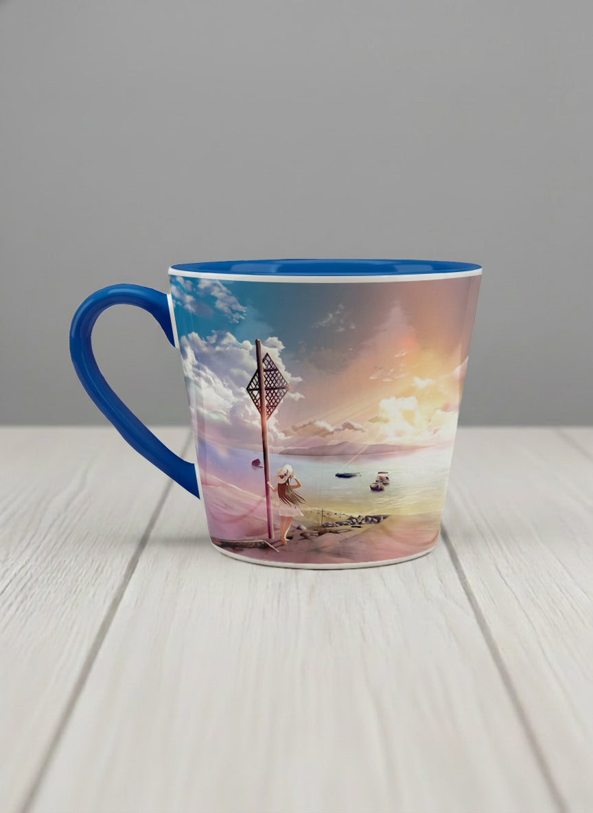 Conical Mug | The Shore of Summer Longing left view mug showing a scenic beach illustration with a girl and a sunset by Samuel Kwok - Gallery By Inhesion