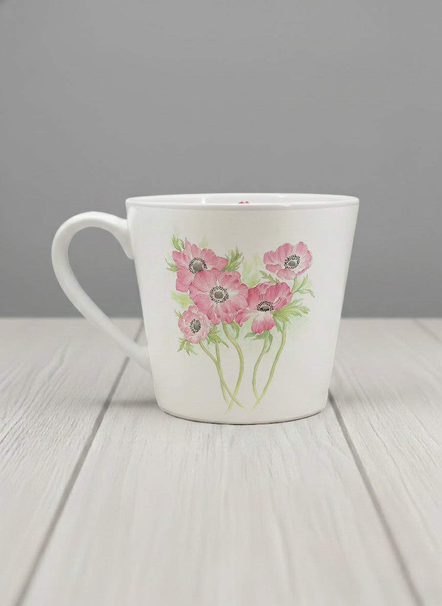 Conical Mug | Dancing in Spring left view mug showing delicate pink flowers by Alice Wong - Gallery By Inhesion