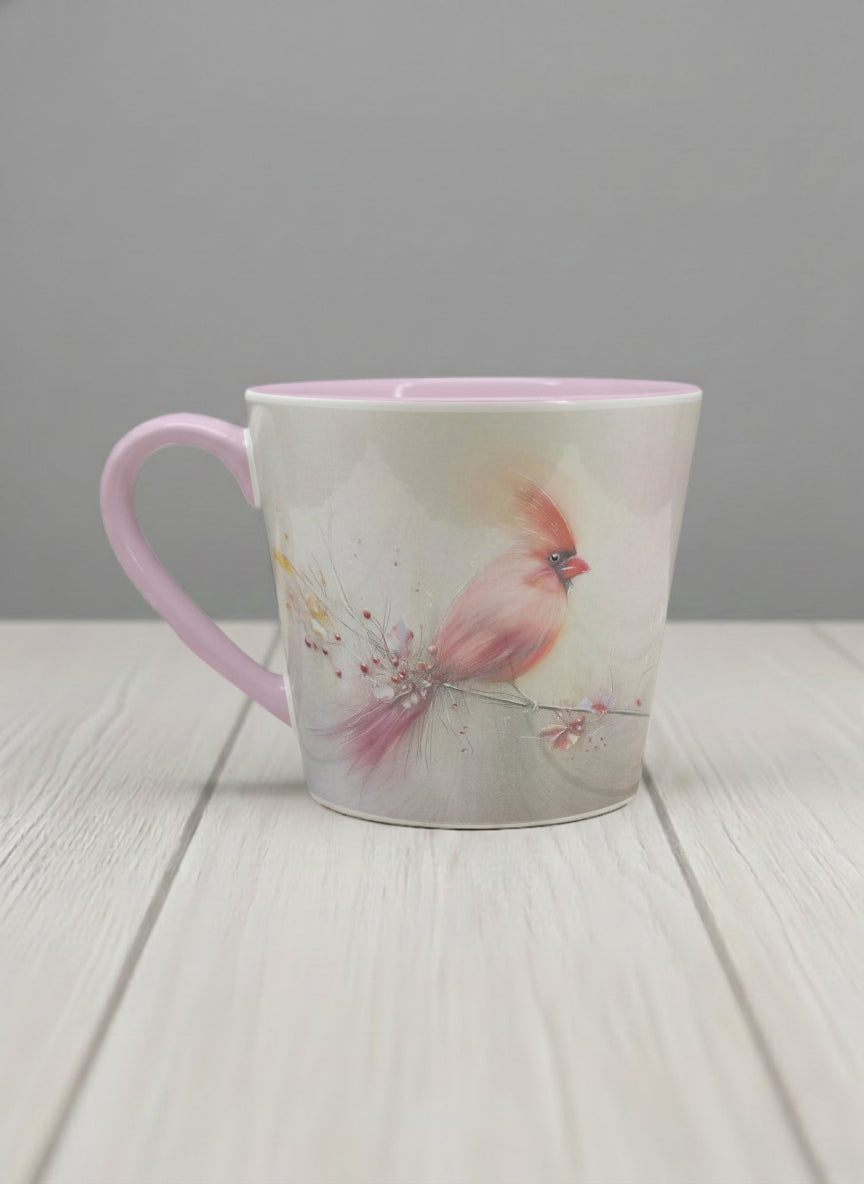 Conical mug | lossom Visitor left view mug, a delicate pink cardinal perched on a wispy blossom branch against a soft ivory mist, blush pink interior and handle, by Karina Mosser - Gallery By Inhesion