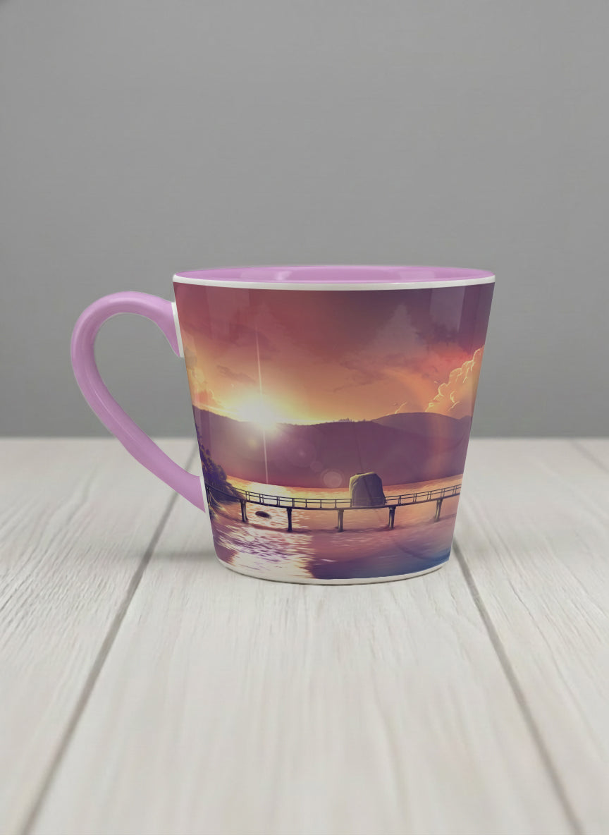 Conical Mug | Gaze into the Golden Hour left view mug glowing sunset over a lakeside pier in warm amber and violet, soft lilac interior, by Samuel Kwok Gallery By Inhesion