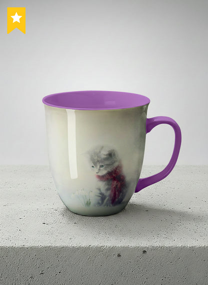 ronny mug | Waiting for Spring mug, a tiny kitten in a burgundy scarf sitting in a soft misty meadow, dusty rose interior and handle, by Karina Mosser - Gallery By Inhesion