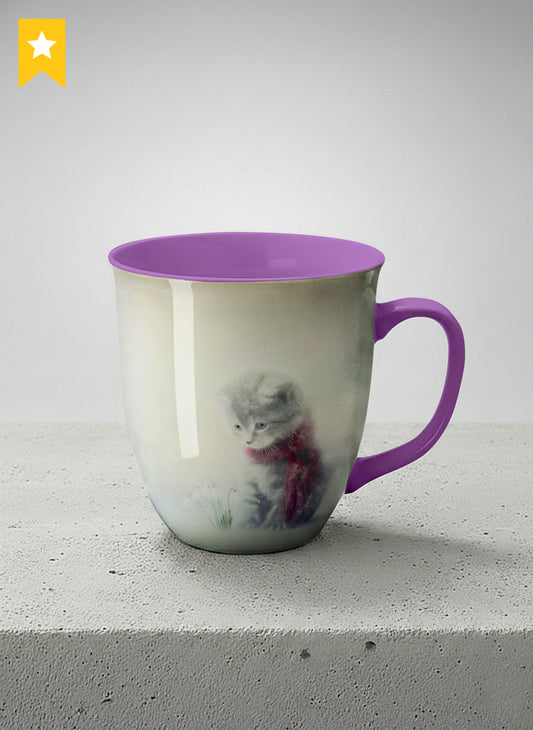 ronny mug | Waiting for Spring mug, a tiny kitten in a burgundy scarf sitting in a soft misty meadow, dusty rose interior and handle, by Karina Mosser - Gallery By Inhesion