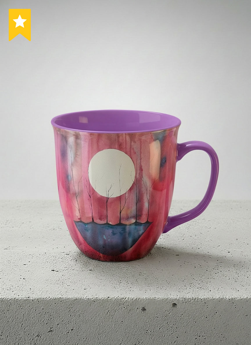 ronny mug | Sail the Moon mug with watercolor night scene, boat silhouette, trees and full moon, purple handle and interior by Renee Pupetz - Gallery By Inhesion