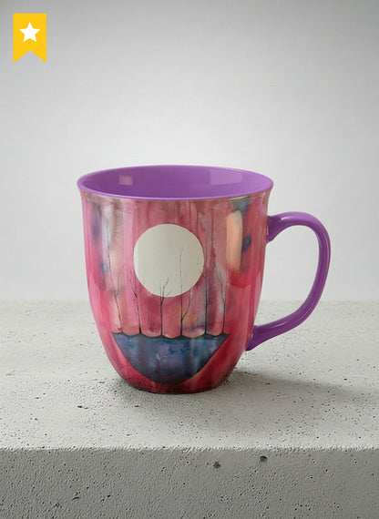 ronny mug | Sail the Moon mug with watercolor night scene, boat silhouette, trees and full moon, purple handle and interior by Renee Pupetz - Gallery By Inhesion