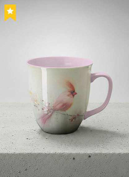 ronny mug | lossom Visitor mug, a delicate pink cardinal perched on a wispy blossom branch against a soft ivory mist, blush pink interior and handle, by Karina Mosser - Gallery By Inhesion