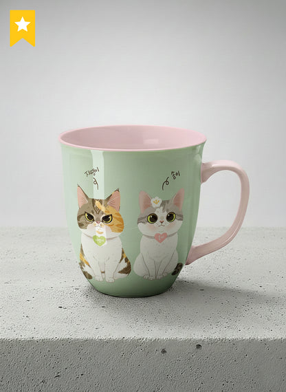 Ronny Mug | The Perfect Pair mug two cats with Korean name tags and bow ties on mint green, blush pink interior, by Hyun Jung Cho