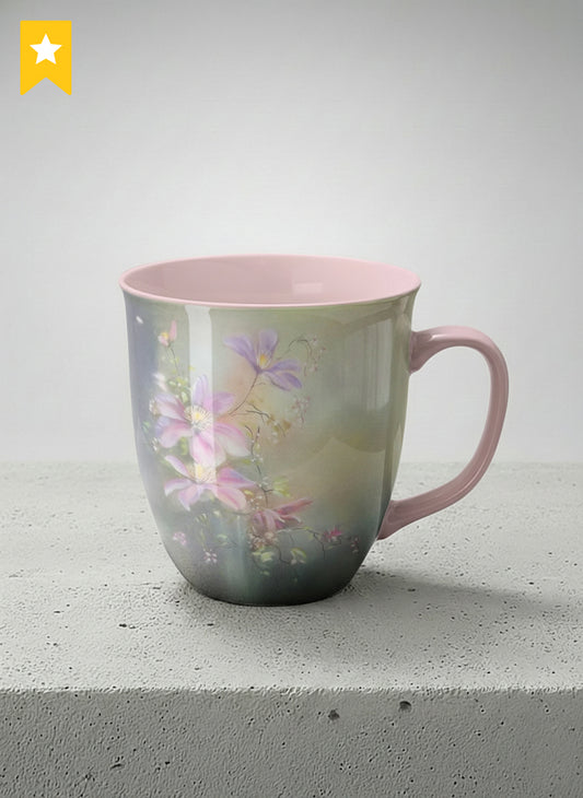ronny mug | Ethereal Blossoms mug, soft pink clematis flowers glowing against a deep moody sage green mist, blush pink interior and handle, by Karina Mosser - Gallery By Inhesion