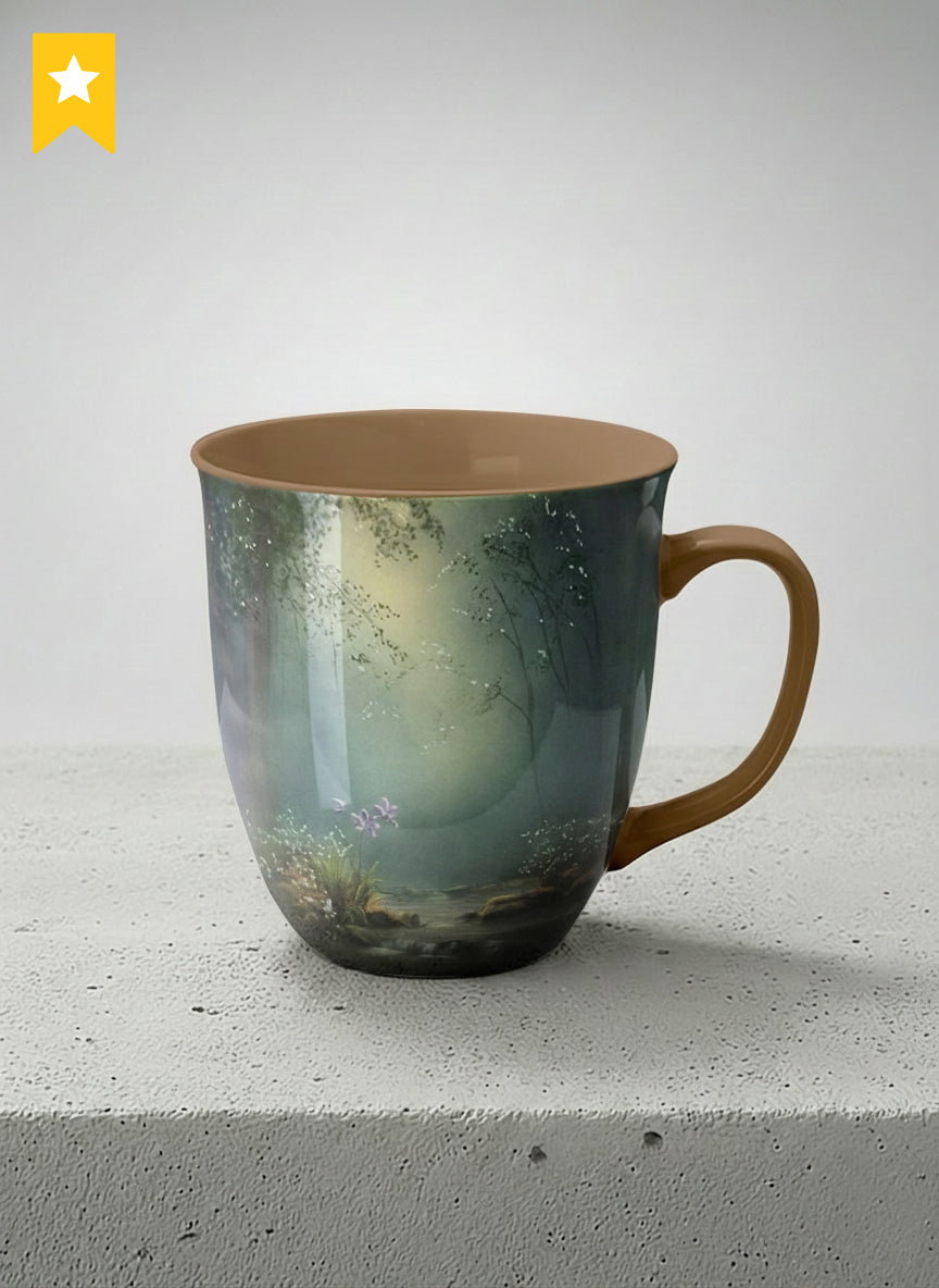 ronny mug | Serenity Stream mug, an enchanted forest with glowing light filtering through misty teal trees and wildflowers by a stream, warm olive interior and handle, by Karina Mosser - Gallery By Inhesion