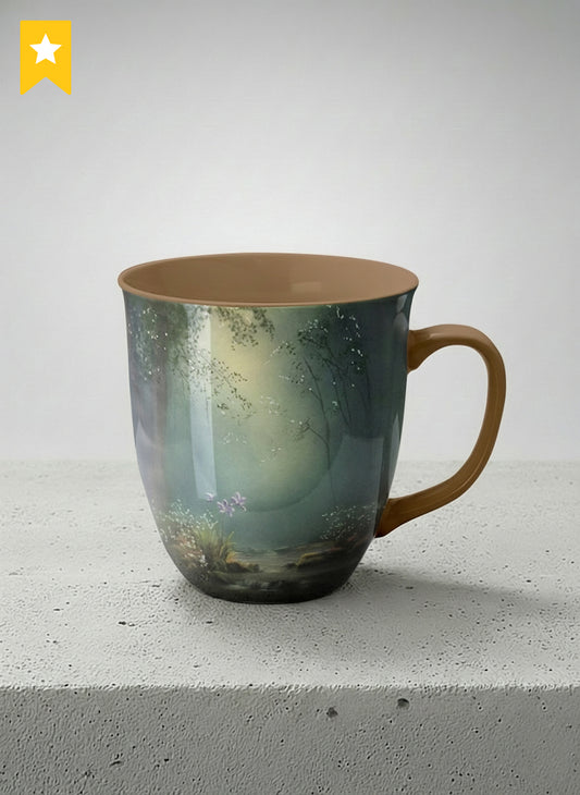 ronny mug | Serenity Stream mug, an enchanted forest with glowing light filtering through misty teal trees and wildflowers by a stream, warm olive interior and handle, by Karina Mosser - Gallery By Inhesion