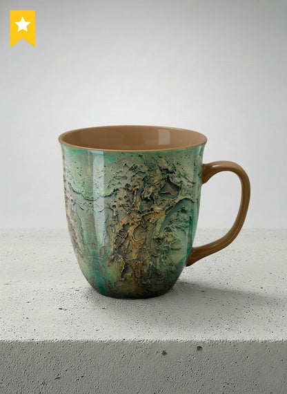 Ronny Mug | Green textured mug with earthy, weathered pattern and brown handle on a light surface by Mersedes Mein - Gallery By Inhesion