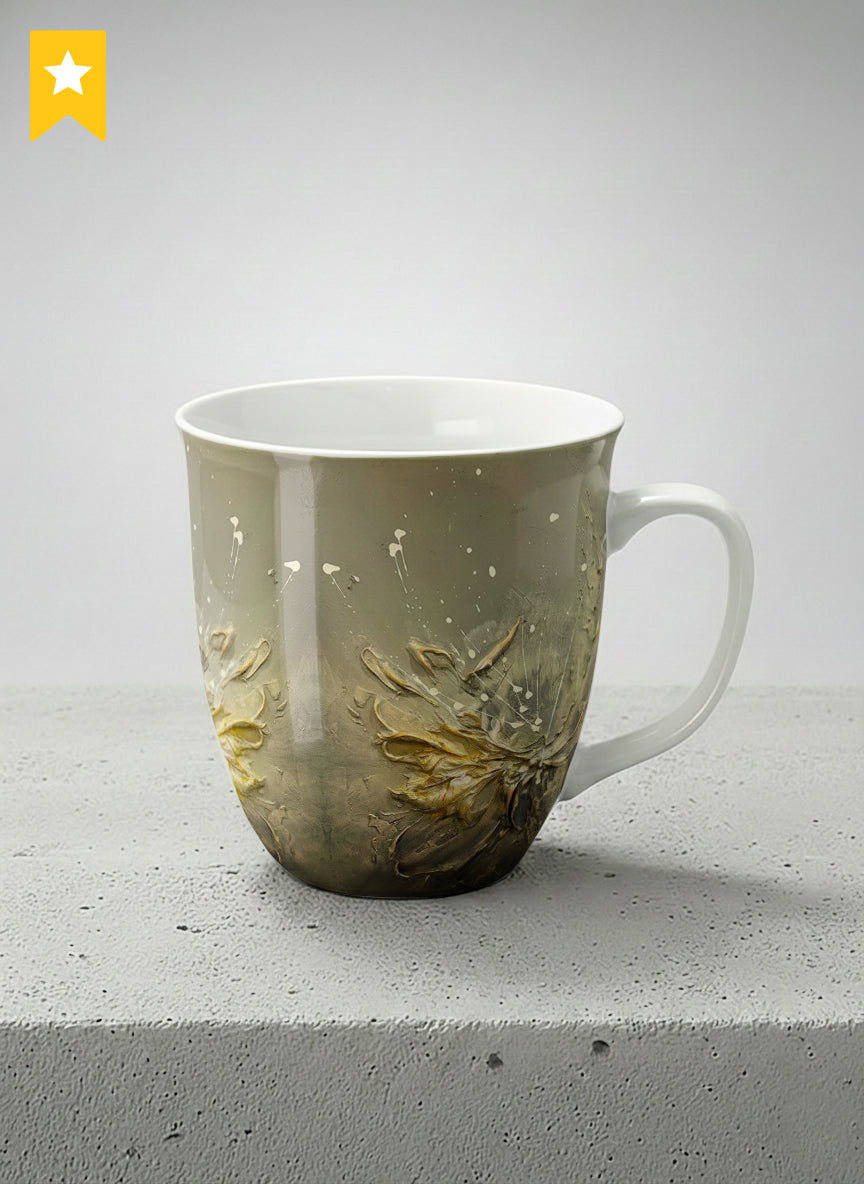 Ronny Mug | Awakening mug showing textured floral design in muted grey-gold tones by Mersedes Mein - Gallery By Inhesion