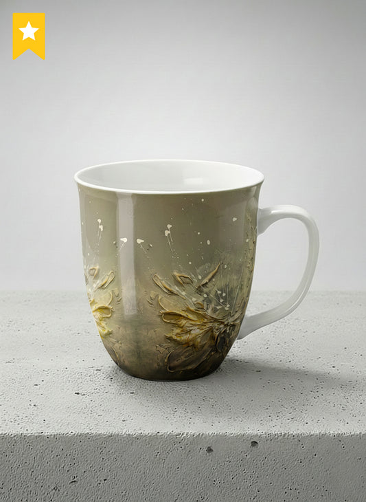 Ronny Mug | Awakening mug showing textured floral design in muted grey-gold tones by Mersedes Mein - Gallery By Inhesion