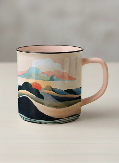 enamel mug | Sunset at the River mug rolling hills and dark treetops beneath a soft peach sky with blush and teal clouds and a glowing setting sun, warm peach interior and handle, by KikaG - Gallery By Inhesion