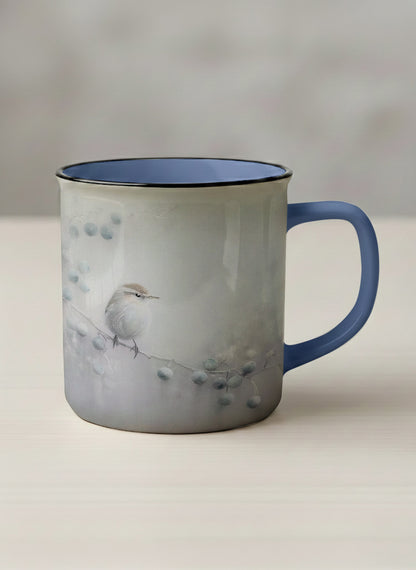 enamel mug | A Quiet Moment mug,solitary bird perched in a soft misty landscape with delicate dot details, dusty blue interior and handle, by Karina Mosser - Gallery By Inhesion