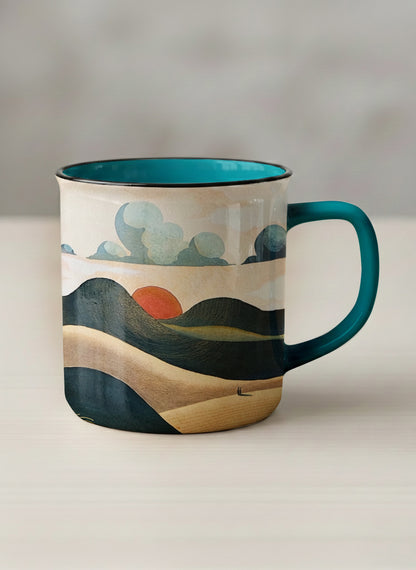 enamel mug | Share a Sunset mug a lone figure walking through rolling sand dunes beneath a glowing orange sun and layered teal clouds, deep teal interior and handle, by KikaG - Gallery By Inhesion