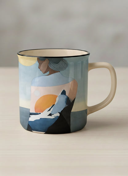 enamel mug | A Mountain to Climb mug woman gazing over jagged peaks and a golden sun on teal horizon, butter yellow interior, by KikaG - Gallery By Inhesion
