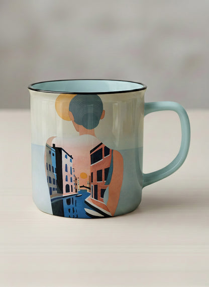 enamel mug | Memory on the Bridge mug a solitary figure gazing over a sunlit Venetian canal lined with terracotta buildings, soft powder blue interior and handle, by KikaG - Gallery By Inhesion