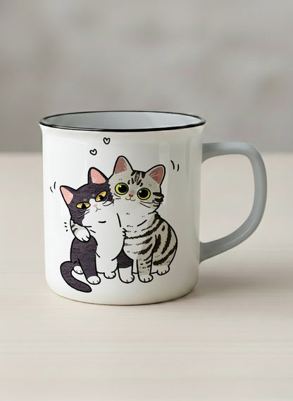 enamel mug | Best Buddies mug small tuxedo cat leaning into a chubby tabby with tiny floating hearts, sage interior, by Hyun Jung Cho