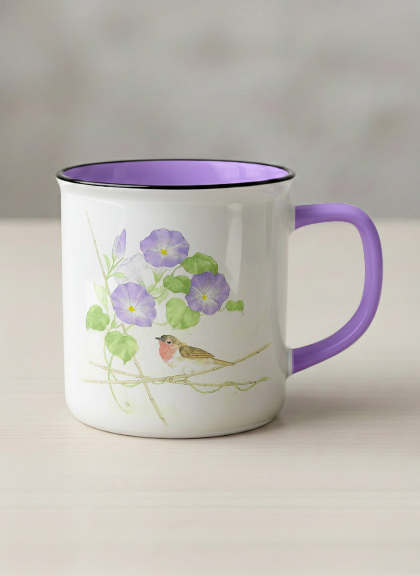 Enamel Mug | Morning Glory mug with watercolor bird and purple flowers artwork by Alice Wong - Gallery By Inhesion