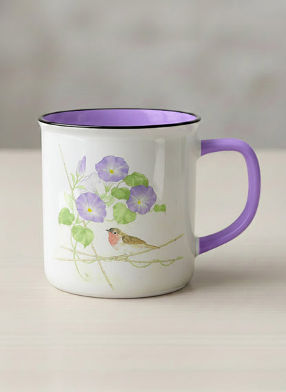 Enamel Mug | Morning Glory mug with watercolor bird and purple flowers artwork by Alice Wong - Gallery By Inhesion