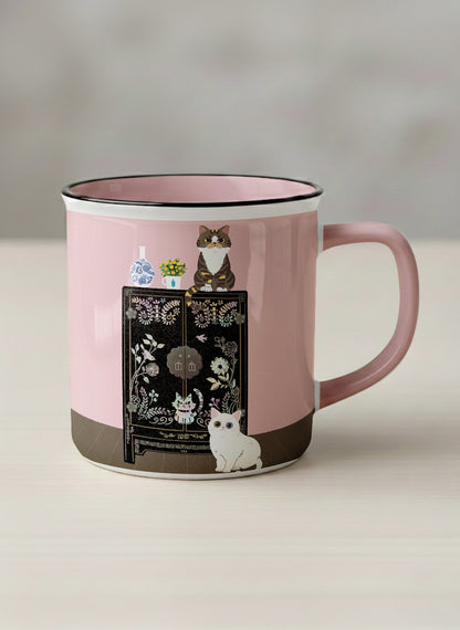 Enamel Mug | Korean Beauty & Felines mug cats by ornate black lacquer cabinet with floral carvings, blush pink interior, by Hyun Jung Cho