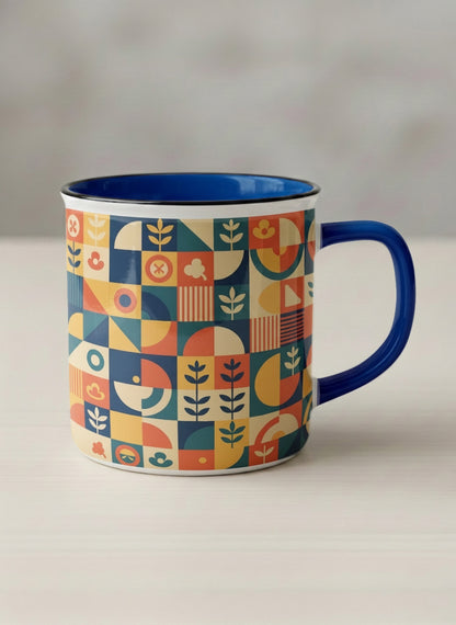 Enamel Mug | Bloom Across Realities mug, bold geometric pattern, blue interior and handle, concrete surface  by Alan CL Lee - Gallery By Inhesion