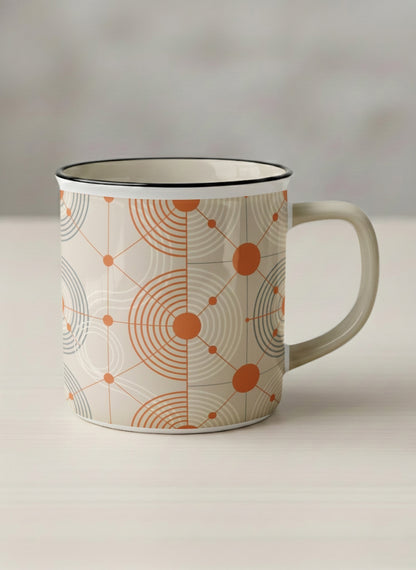Enamel Mug | Entangled Terracotta Web mug, orange geometric circle pattern, cream finish, by Alan CL Lee - Gallery By Inhesion
