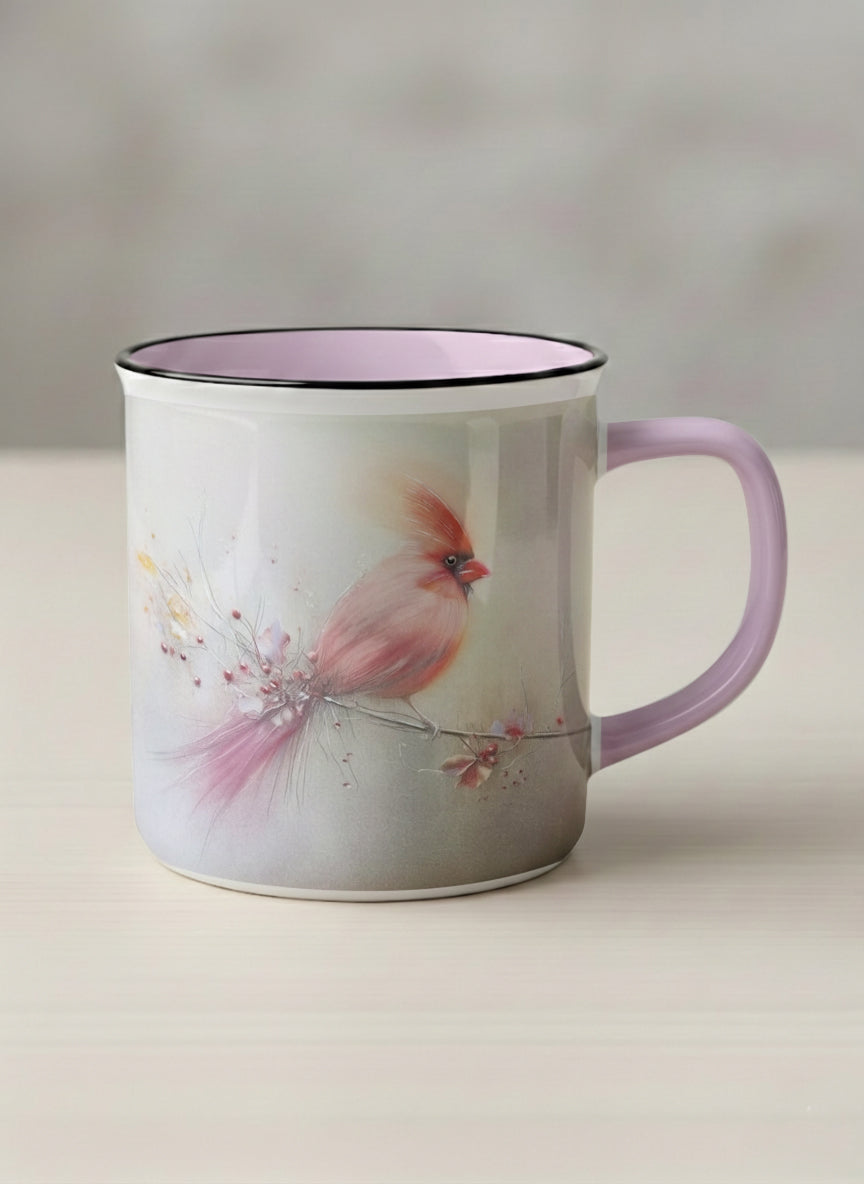 Enamel mug | lossom Visitor mug, a delicate pink cardinal perched on a wispy blossom branch against a soft ivory mist, blush pink interior and handle, by Karina Mosser - Gallery By Inhesion