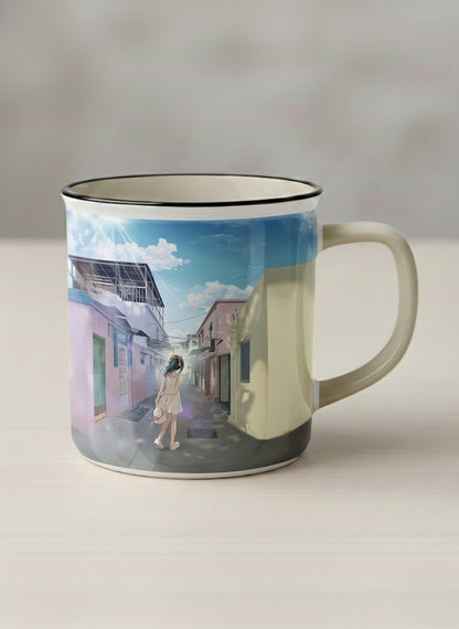 Enamel Mug | The Secret Passage mug showing a colorful street scene with a girl walking in a vibrant alley by Samuel Kwok - Gallery By Inhesion