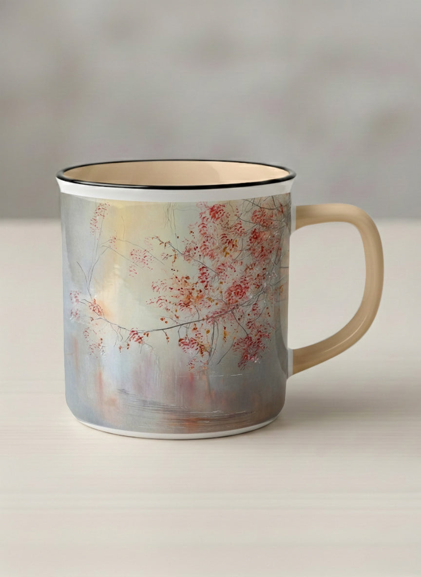 enamel mug | Quiet Waters mug, delicate red blossoms and fine branches drifting across a soft celadon mist, warm cream interior and handle, by Karina Mosser - Gallery By Inhesion