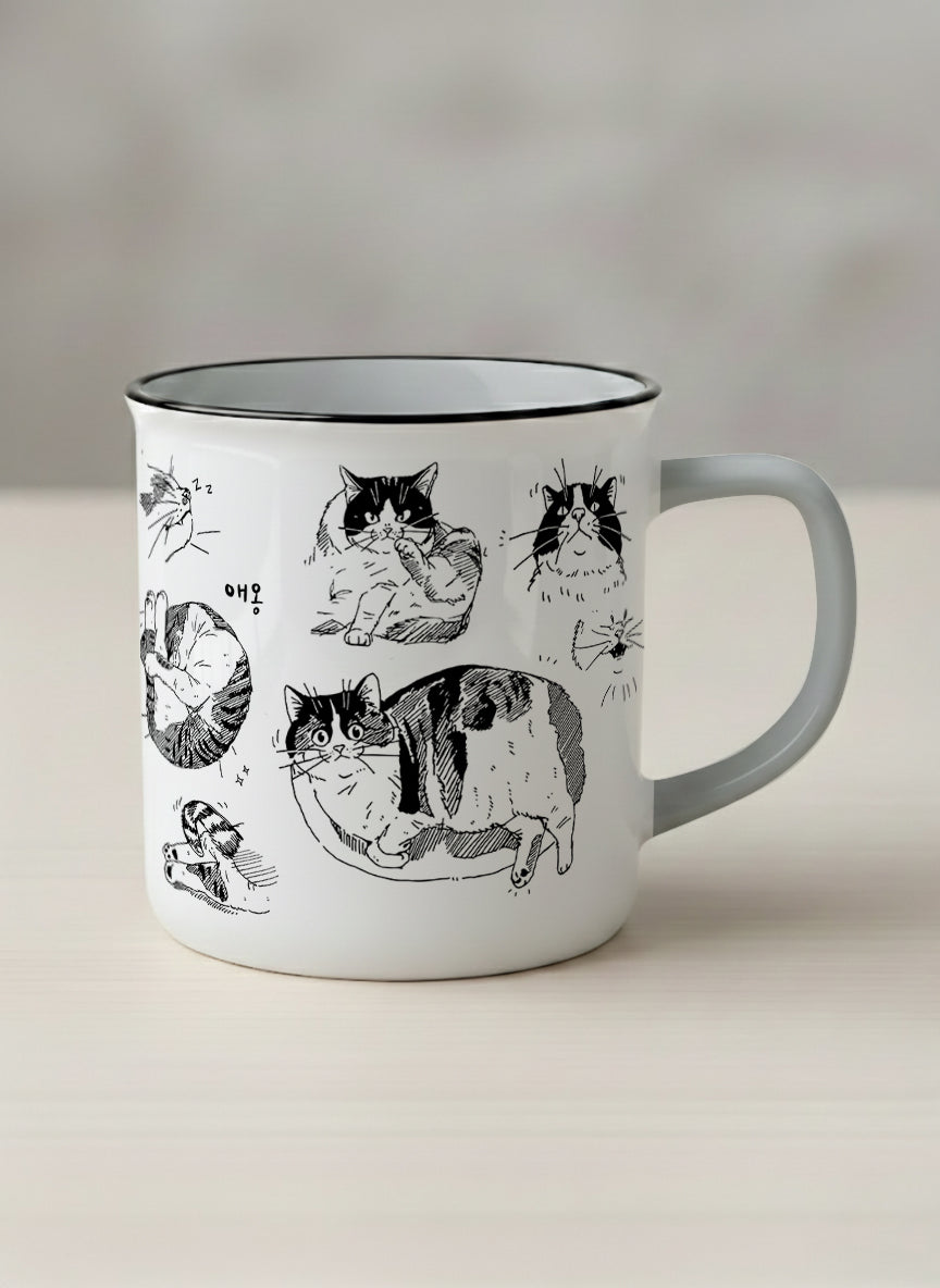 Enamel mug | Moments of Curiosity mug  ink-sketched cats in playful poses with Korean script on white, grey interior, by Hyun Jung Cho